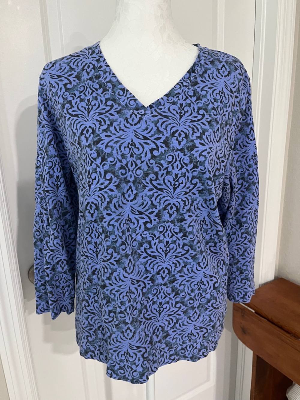 Fresh Produce V-Neck Damask printed Blue and Black 100 Cotton Made in USA